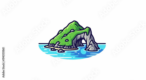 A stylized green island with an archway, surrounded by blue water