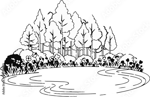 A stylized drawing of a forest scene with a meandering pond in the foreground