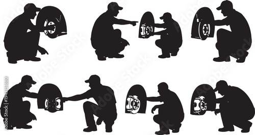 Black Solid Mechanic Brake Inspection Silhouettes Set of Six on White Background