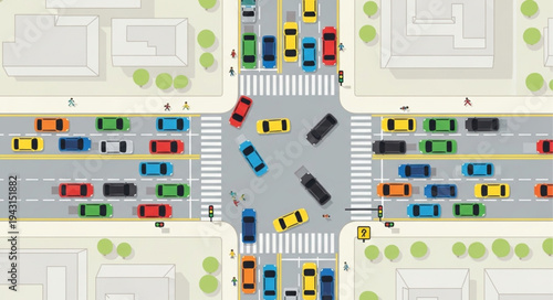 Aerial View of Busy City Intersection with Cars.
