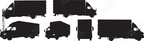 Black Solid Box Truck Silhouettes Set of Six on White Background