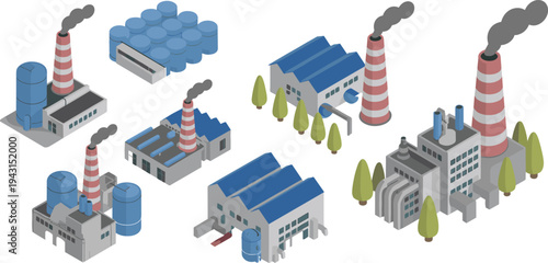 Isometric industrial factory buildings, power plant facilities, manufacturing industry infrastructure, refinery tanks, smokestacks, industrial production illustration set