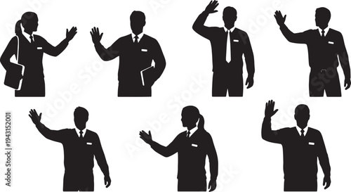 Black Solid Bus Driver Greeting Silhouettes Set of Six on White Background