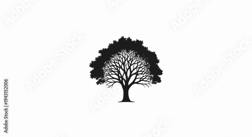 A stylized black and white tree with intricate branches and leaves
