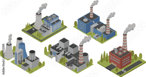 Isometric industrial factory power plants, manufacturing facilities with smokestacks, heavy industry production buildings, energy generation infrastructure illustration collection