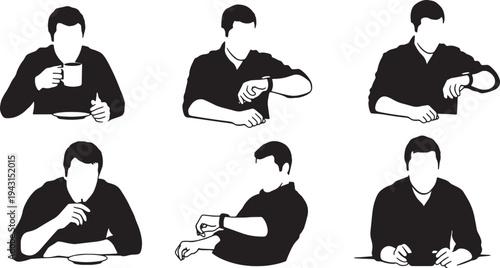 Black Solid Bus Driver Break Time Silhouettes Set of Six on White Background