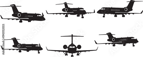 Black Solid Business Jet Silhouettes Set of Six on White Background