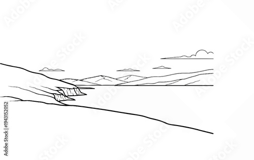 A stark line drawing depicts a coastal cliff overlooking a vast, serene body of water