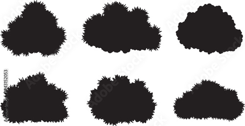 Black Solid Bushy Juniper Tree Silhouettes Set of Six on White Background