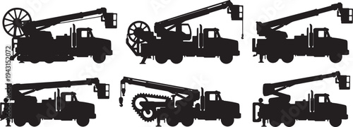 Black Solid Cable Laying Truck Silhouettes Set of Six on White Background