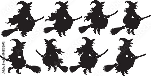 Black Solid Cackling Witch Flight Silhouettes Set of Six on White Background