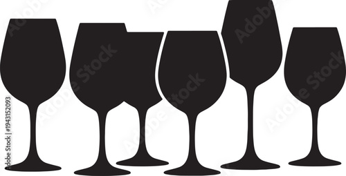 Black Solid Cafe Setting Wine Glasses Silhouettes Set of Six on White Background