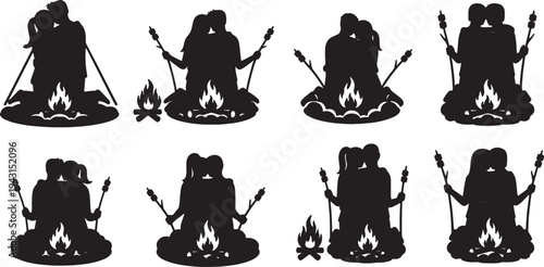 Black Solid Campfire Camping Couple Hugs Set of Six on White Background