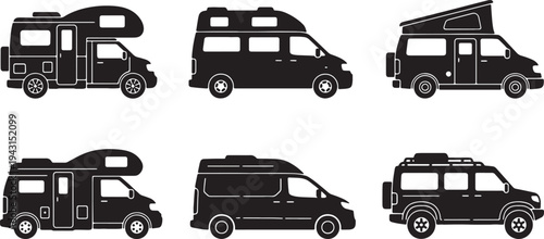Black Solid Various Types of Camper Van Silhouettes Set of Six on White Background