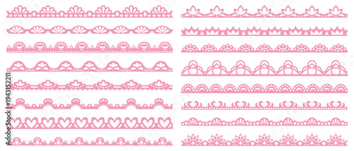 Pink border set with beautiful scallop trim and decorative edges. Lace frame patterns with cute heart shapes, vintage crochet frills and delicate embroidery ribbons for romantic border designs.