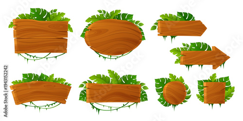 Wooden sign boards with lush jungle leaves and tropical vines - charming cartoon frames for game UI. Rustic plank signage with forest flora, arrows and hanging panels for adventure backgrounds.