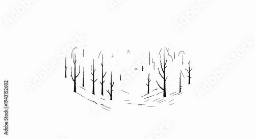 A minimalist line drawing of bare trees in a sparse forest