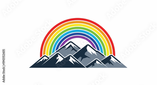 Stylized rainbow arcs over snowy mountain peaks