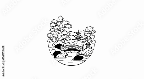 Stylized Japanese garden scene with a pagoda, bridge, and trees