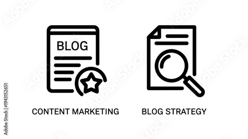 Blog content marketing and blog strategy icons with search magnifier