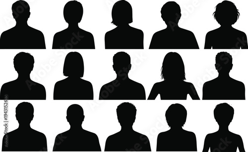 Flat vector human profile silhouettes diverse people illustration, identity design, professional diversity, modern workplace, anonymity concept, selection representation art