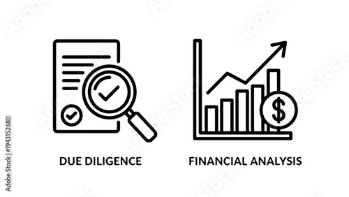 Due diligence checkmark and financiai anaiysis growth chart icons