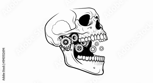 A mechanical skull with visible gears inside its open jaw