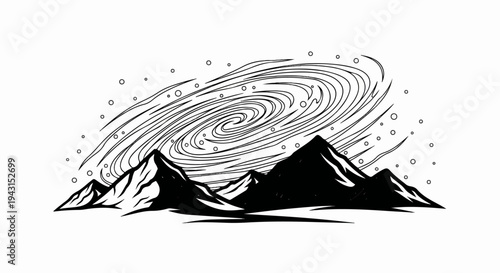 Swirling cosmic vortex above silhouetted mountain peaks under starry sky