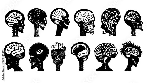 Vector doodle black linocut brain character texture, different elements isolated, psych brain concept set