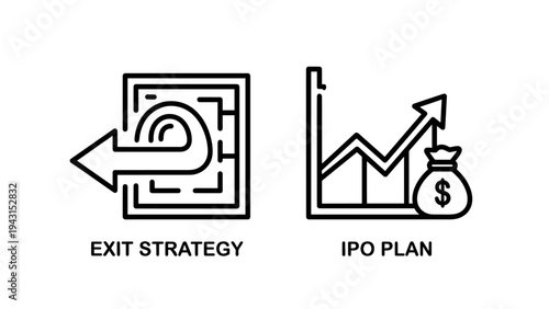 Icons for business exit strategy and ipo plan with growth chart
