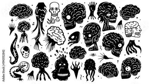 Vector doodle black linocut brain character texture, different elements isolated, psych brain concept set