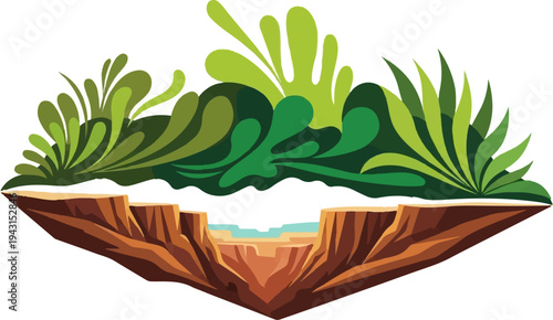 Stylized depiction of lush greenery above a layered canyon with a riverbed
