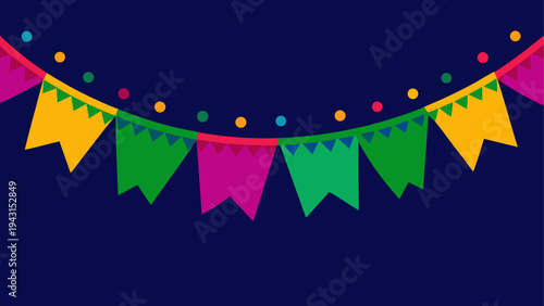 Colorful triangular flags strung together in a festive garland