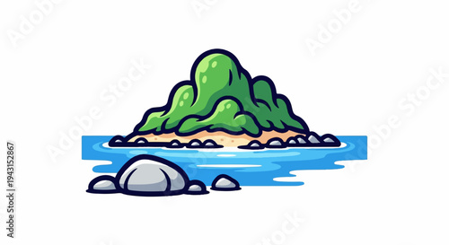 Stylized green island with sandy beach surrounded by blue water and rocks