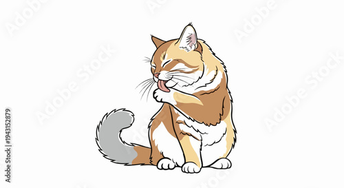 A fluffy, orange and white cat sits cleaning its paw with its tongue