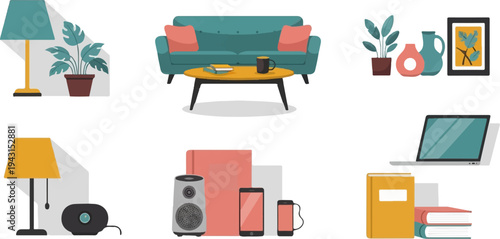 A collection of domestic items including a sofa, lamps, books, and electronic devices