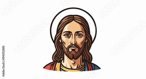 Stylized portrait of Jesus Christ with brown hair, beard, and halo