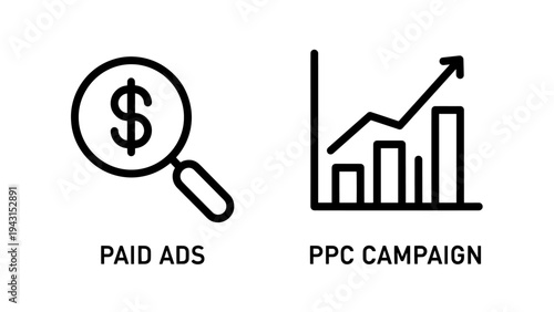 Icons for paid ads and ppc campaign anaiytics with magnifying glass