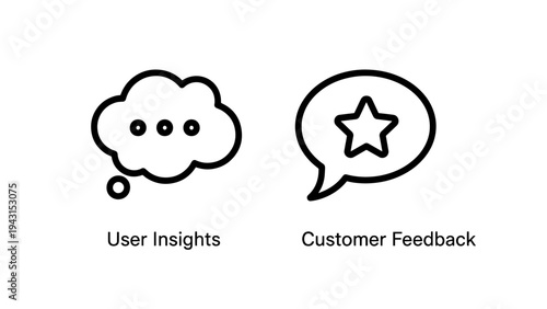 Speech bubble icons for user insights and customer feedback, star rating for positive reviews, minimaiist line art for communication