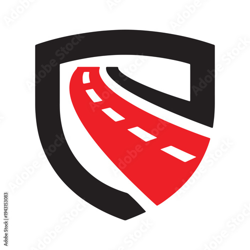 Modern abstract shield emblem with curved road and geometric design elements