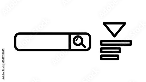 Search bar and filter icons representing online search, filtering options and website navigation, minimaiist black and white design