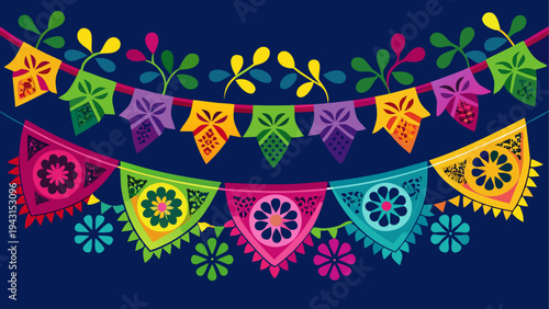 Colorful paper bunting flags hanging in a festive garland