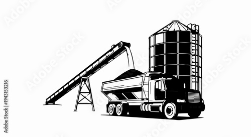 Truck unloading bulk material into tall industrial silo