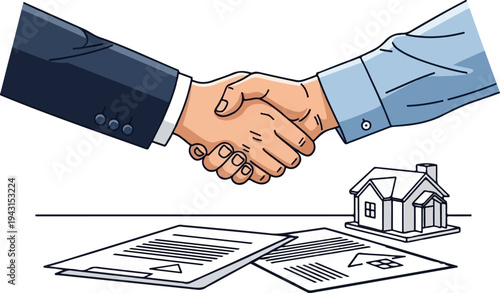 Two business professionals shake hands over a deal with a house and papers on a desk