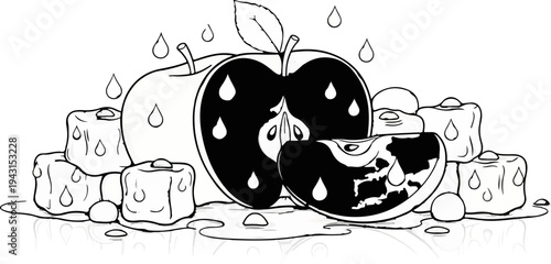 A black and white illustration of a sliced apple with ice cubes and water droplets