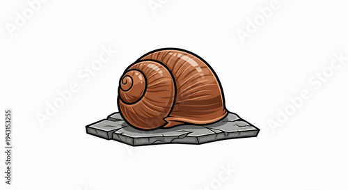 A cartoonish brown snail shell rests on cracked gray stone tiles