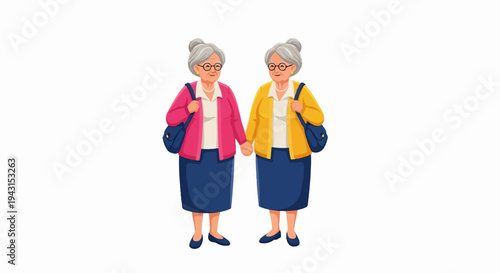 Two elderly women holding hands, wearing jackets and carrying bags