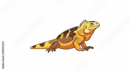 A bright yellow iguana with brown patches stands alert