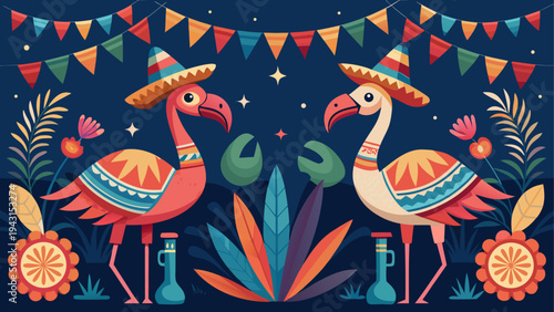 Colorful flock of flamingos standing together in a row