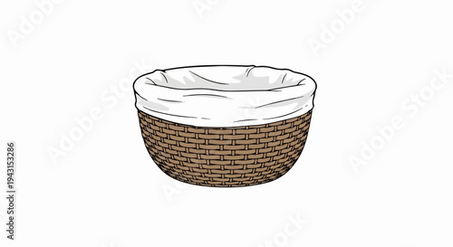A brown woven basket with a white cloth liner is shown